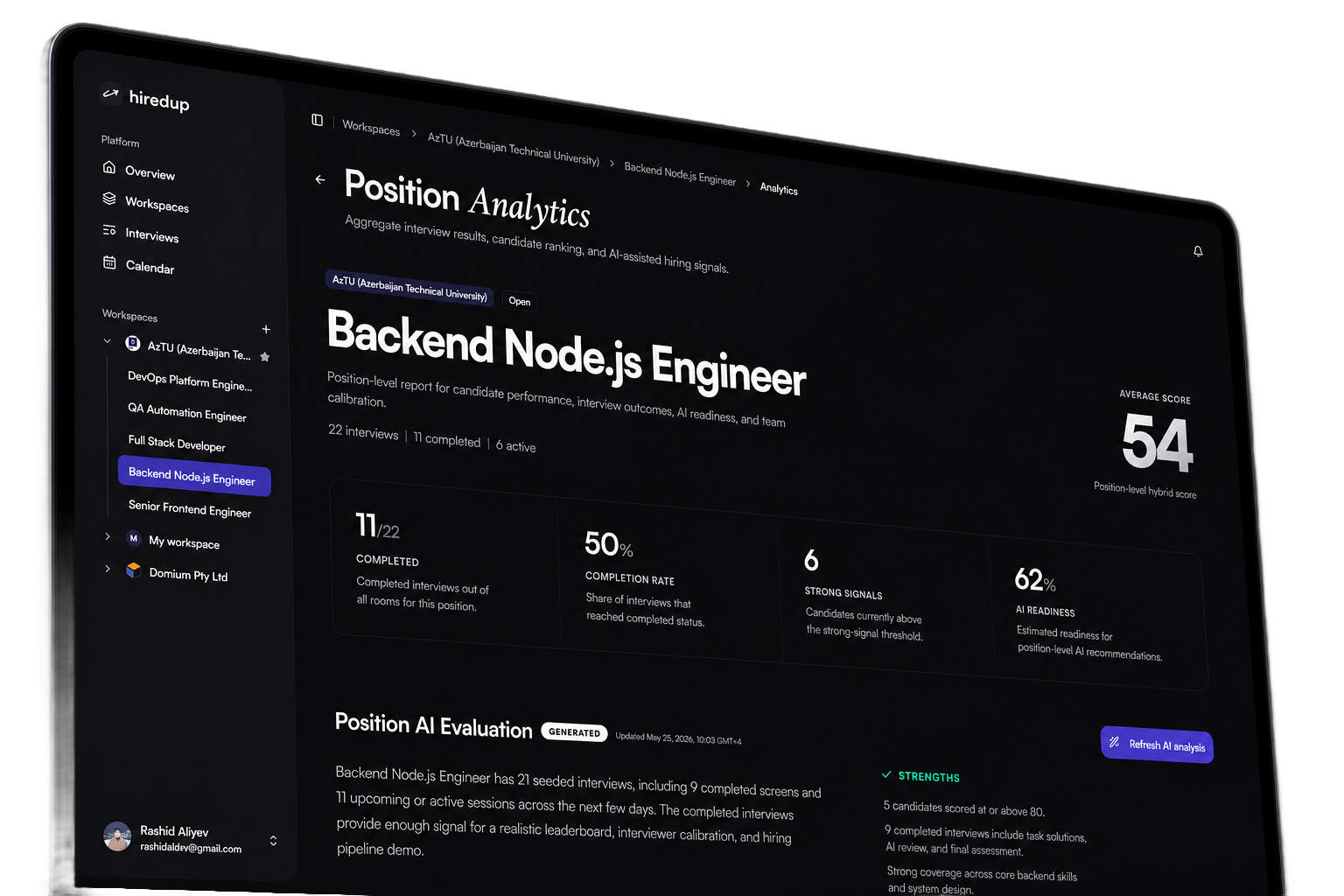 Interview summary mockup with score, AI review and candidate evidence