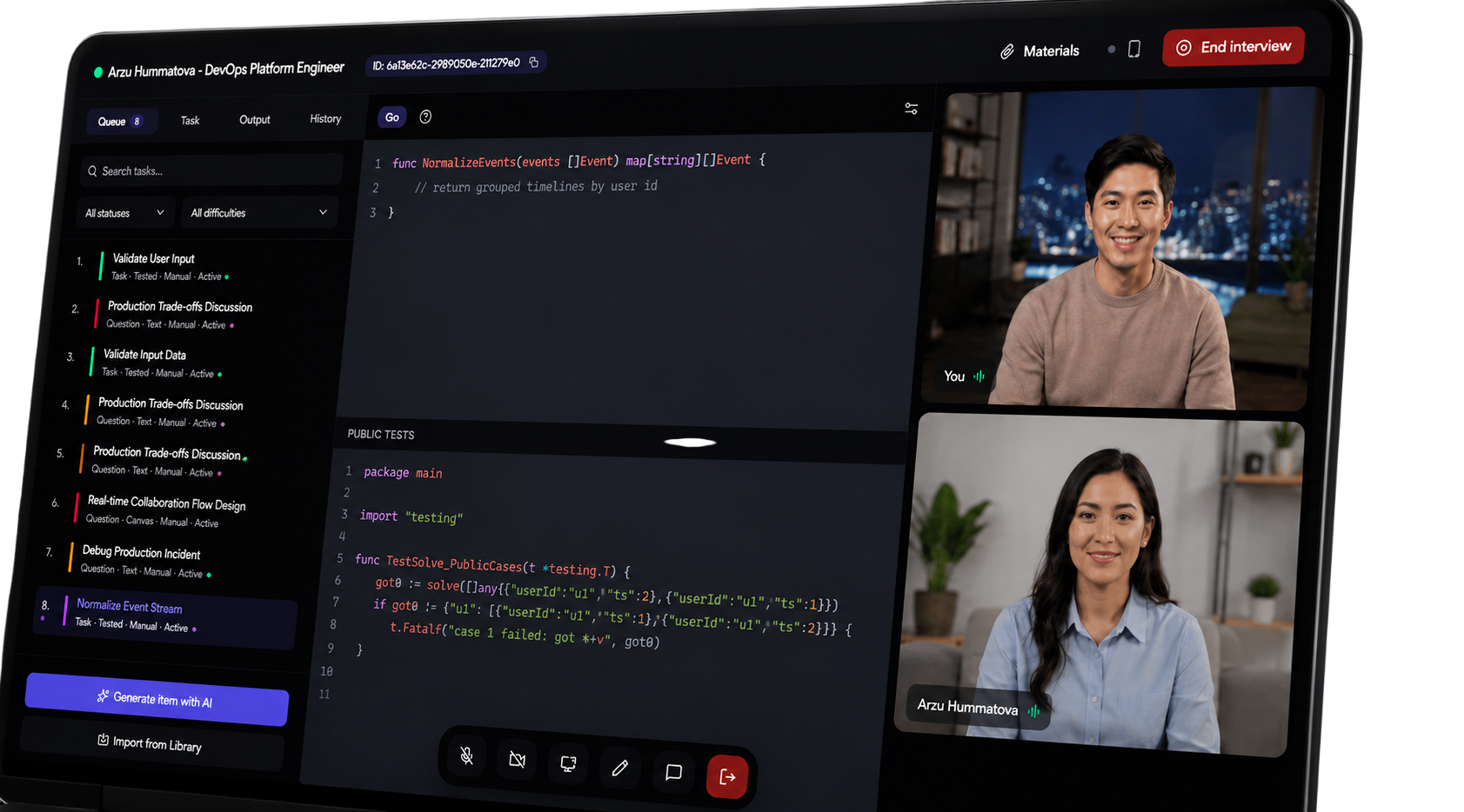 Live interview room mockup with video, code editor, task and chat