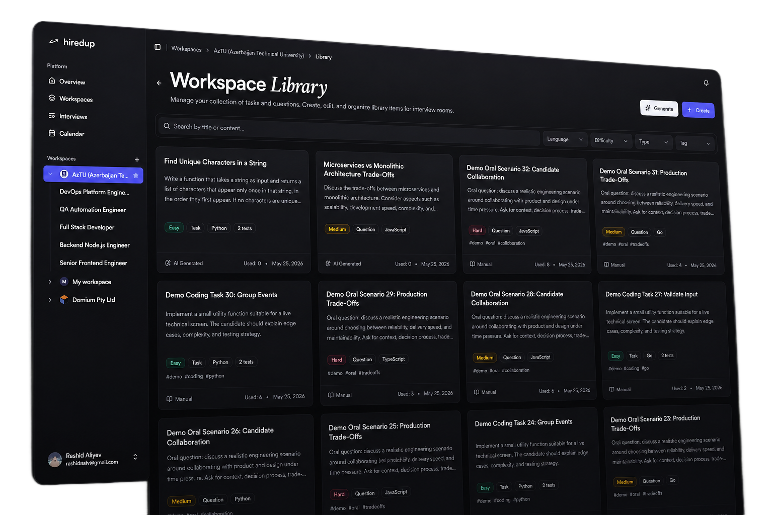 Workspace library mockup with filters and task cards